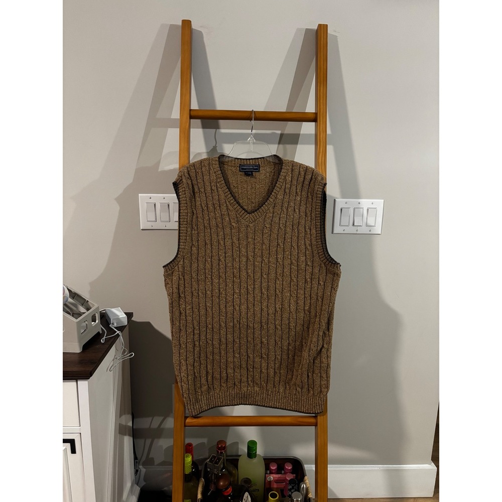 Vintage Susquehanna Trail Outfitters Men XL Brown Cable Knit V-Neck Sweater Vest